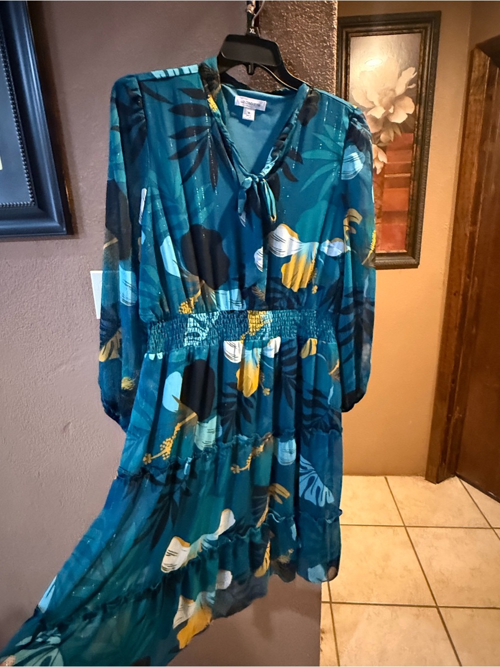 Teal Floral Tie-Neck Tiered Dress